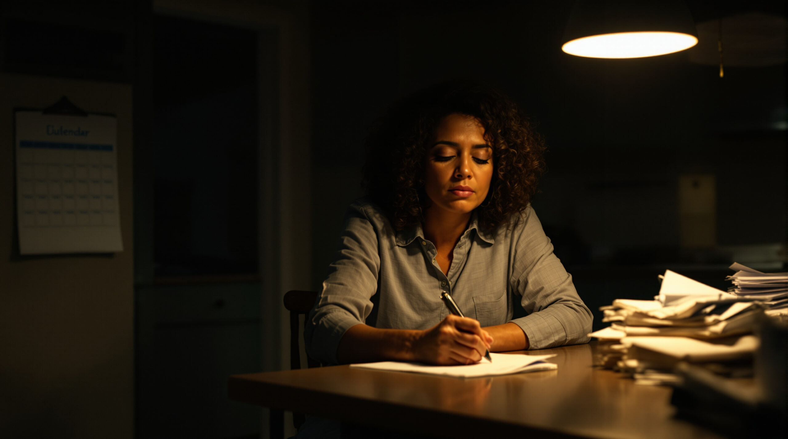 Woman writing a short list on a paper notepad under a single kitchen lamp at night, putting the invisible half of the division of household labor on paper