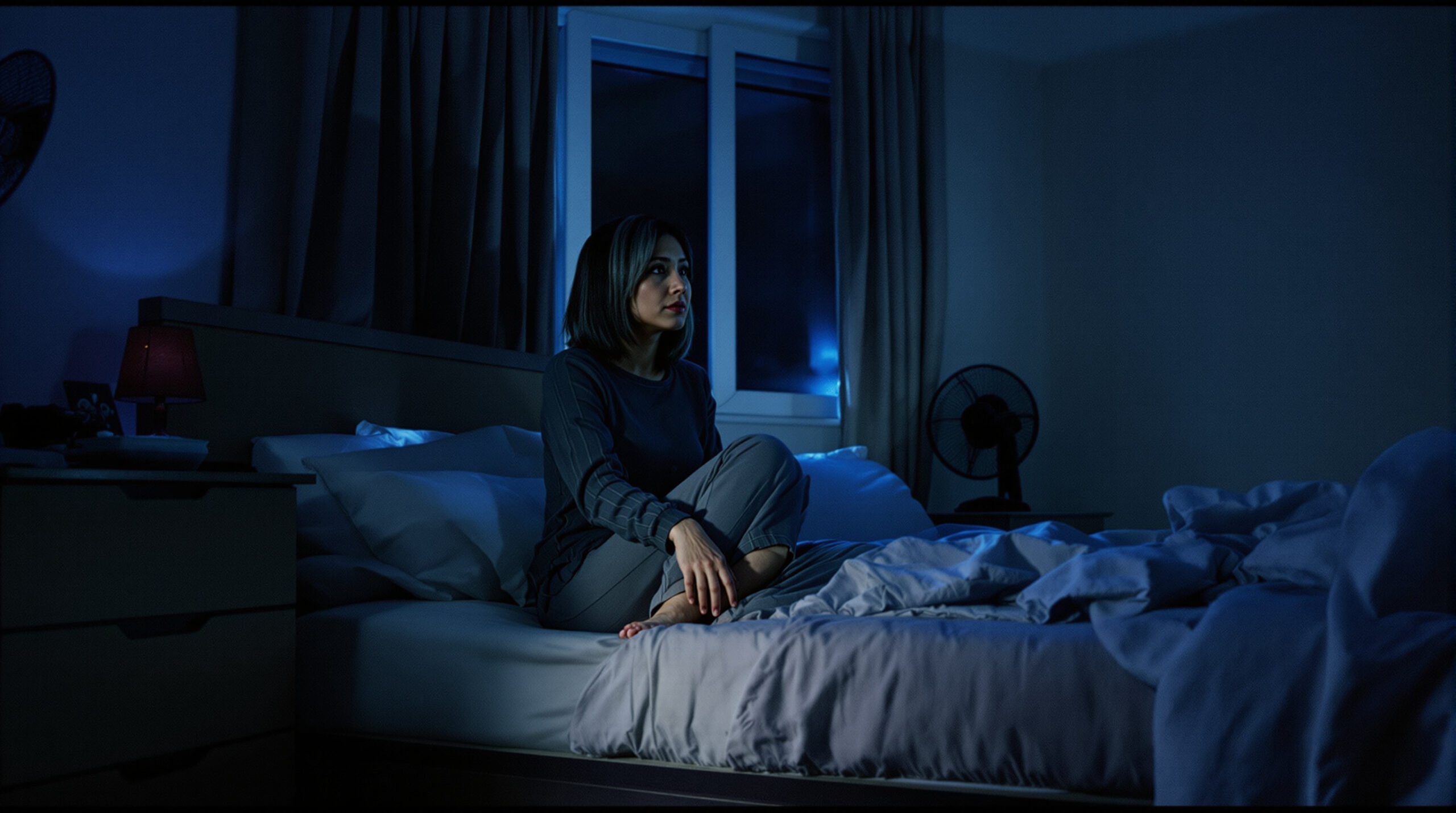 Woman in her late forties sitting on the edge of her bed at 3 a.m. with a fan running nearby, cool blue light and one warm lamp, waiting out a nocturnal hot flash