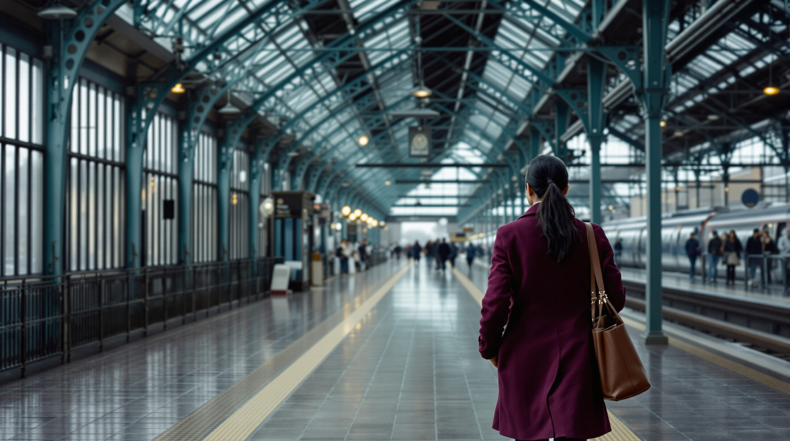 A woman walks alone down a long station concourse in a plum coat, bag on her shoulder, in cold daylight
