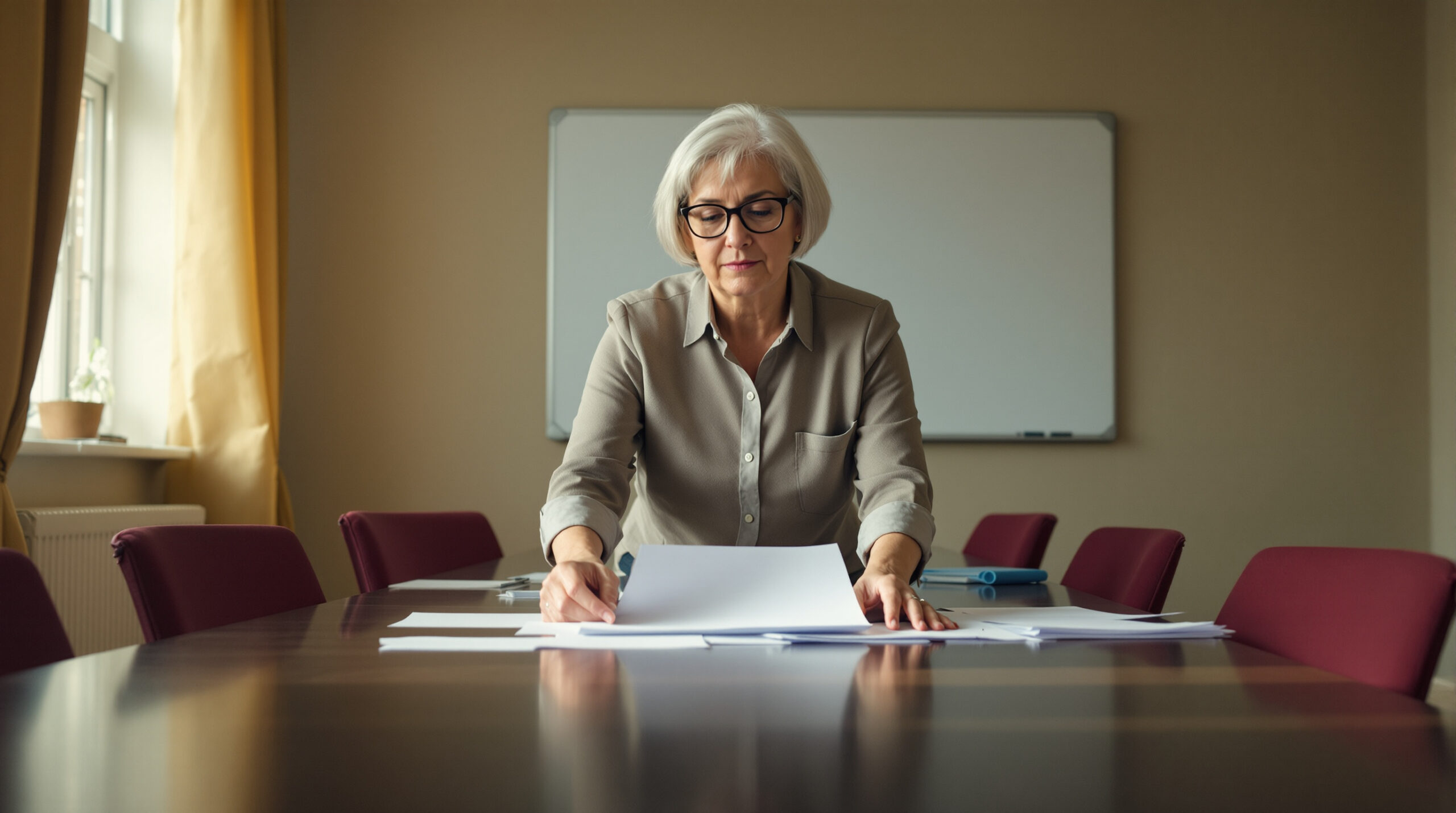 A woman with a silver bob gathers printed pages at the head of a dark wood conference table in an emptied meeting room