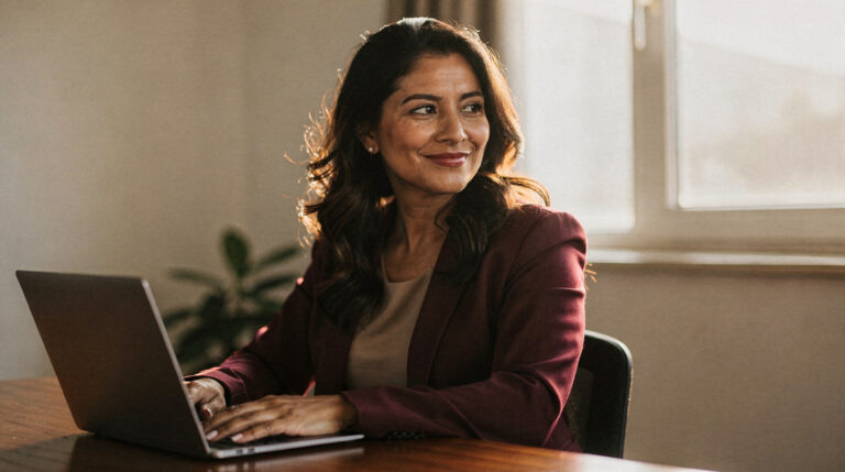 A woman at a home office desk, smiling thoughtfully away from her laptop screen in morning light