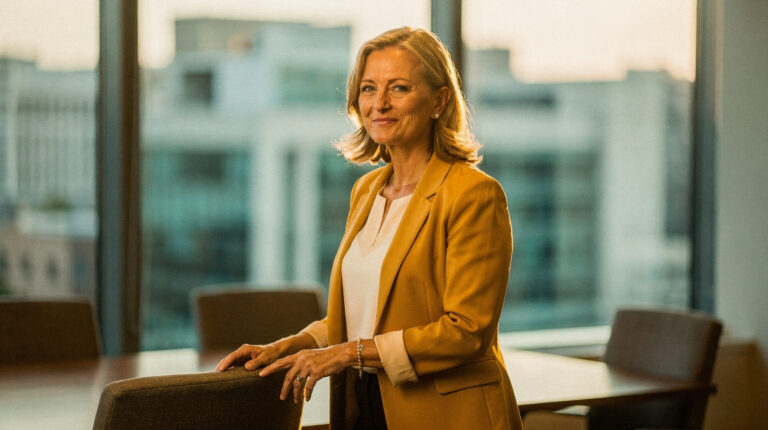 A woman stands self-possessed by a conference room window during a meeting, at ease despite a hot flash
