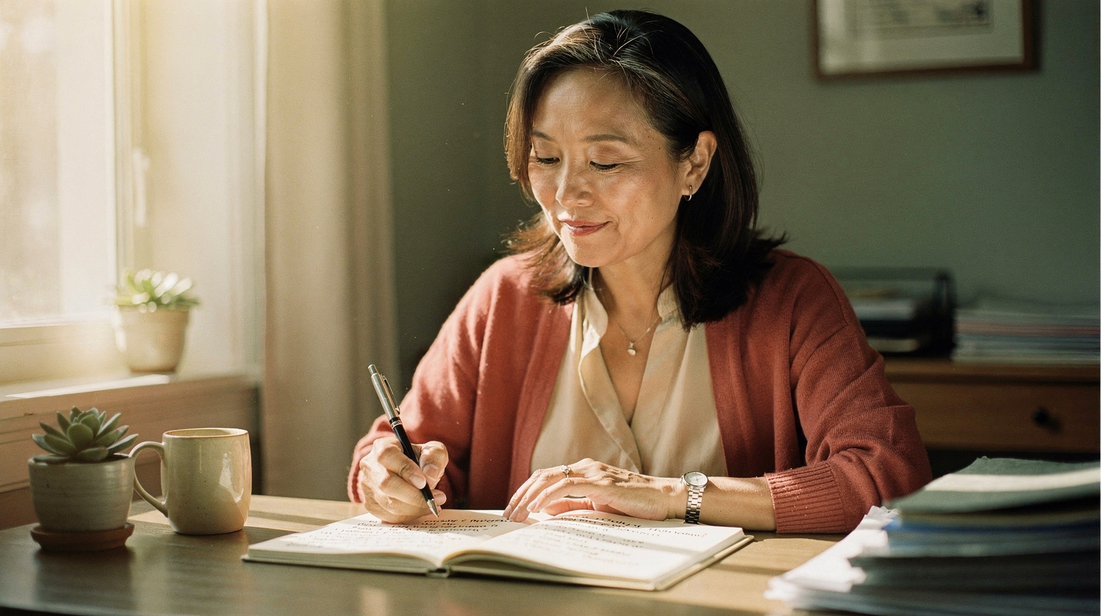 A woman writes questions in a notebook at a sunlit table before a doctor's appointment about hormone therapy