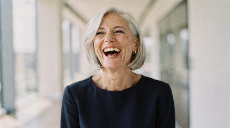 A woman with a silver bob laughs with a big open laugh in a bright hallway