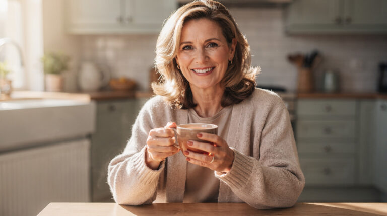 Smiling woman with blonde hair holding a cup of tea in a sunlit kitchen