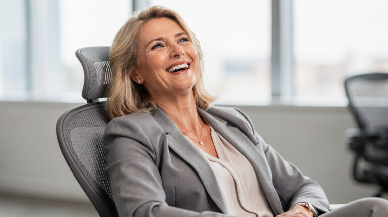 Smiling woman with blonde hair laughing while seated in an office chair