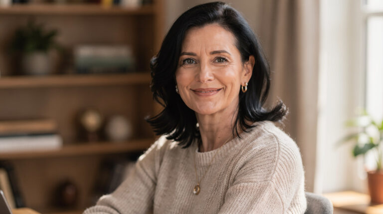 Smiling woman with dark hair sitting in a cozy home office