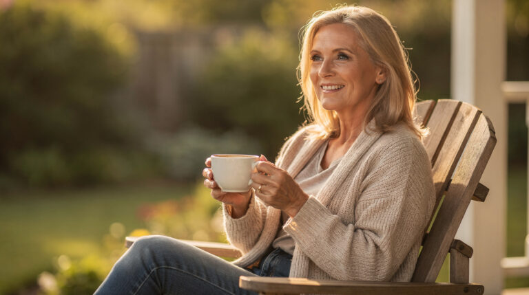 Smiling woman with blonde hair sitting outdoors holding a coffee cup