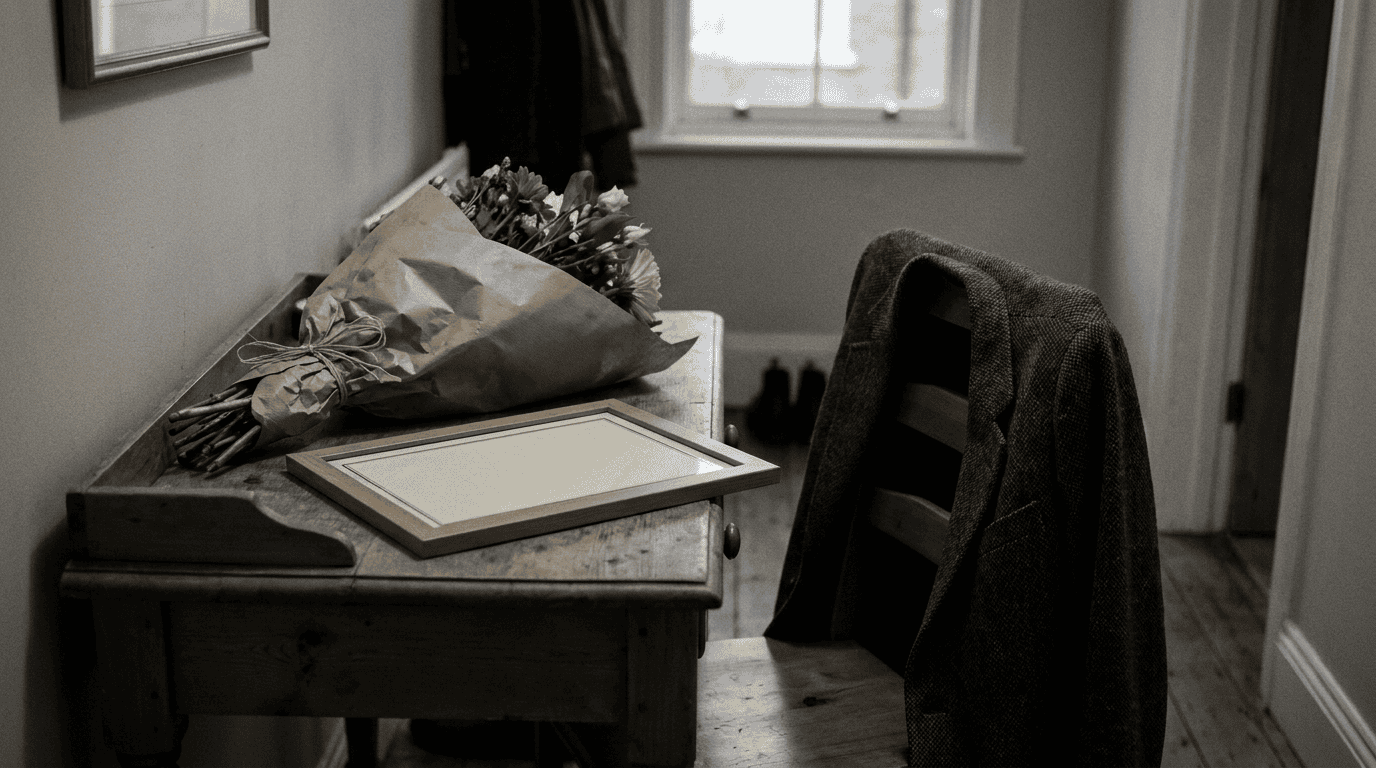A bouquet still in its wrapping and an unhung certificate left on a hallway table, the win that landed flat.