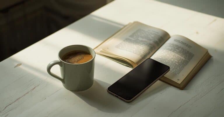 A cold coffee and a face-down book on a kitchen table, the scene of a day off when you can't relax.
