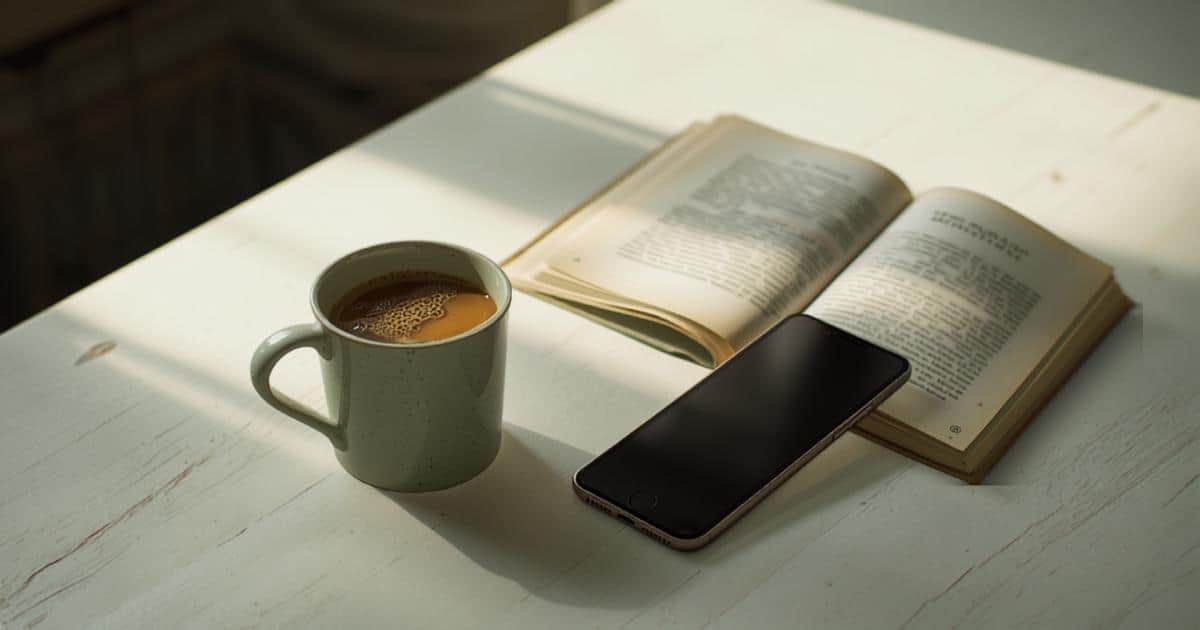 A cold coffee and a face-down book on a kitchen table, the scene of a day off when you can't relax.