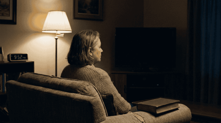 A woman sitting awake on the sofa under one lamp at 9:52 p.m., too tired to talk but unable to sleep.