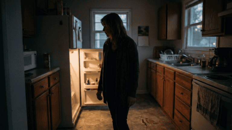 A woman standing in front of an open refrigerator at 6 p.m., simply looking, the hour decision fatigue peaks.