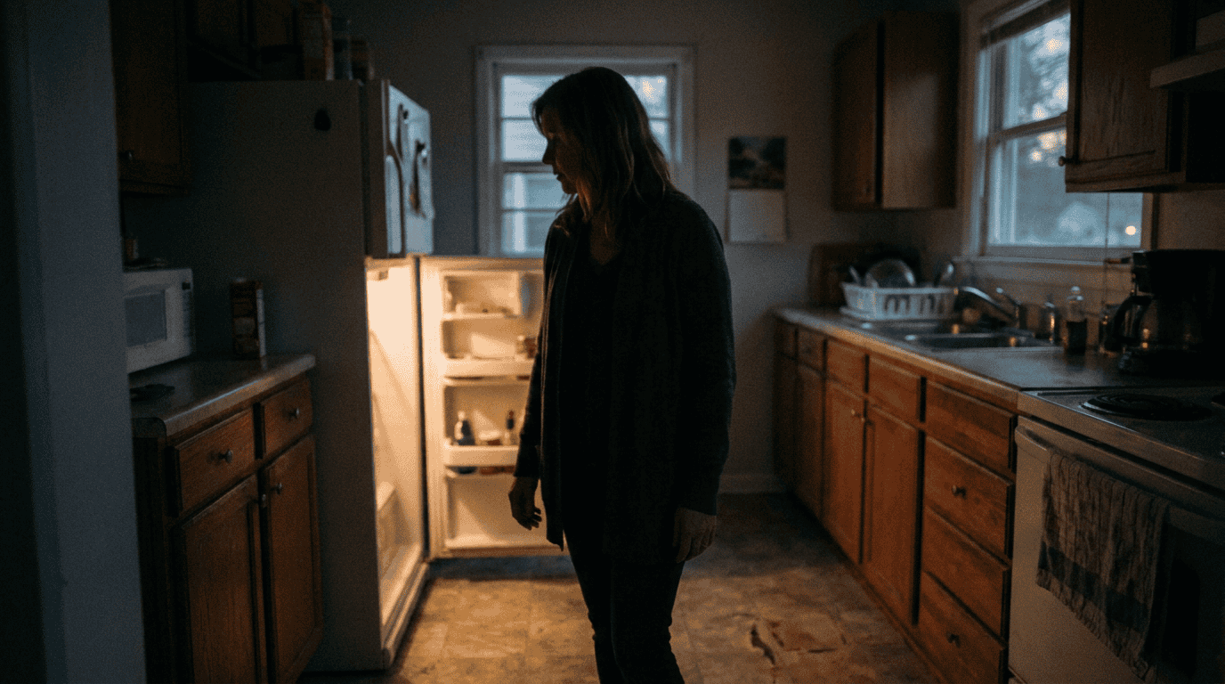 A woman standing in front of an open refrigerator at 6 p.m., simply looking, the hour decision fatigue peaks.