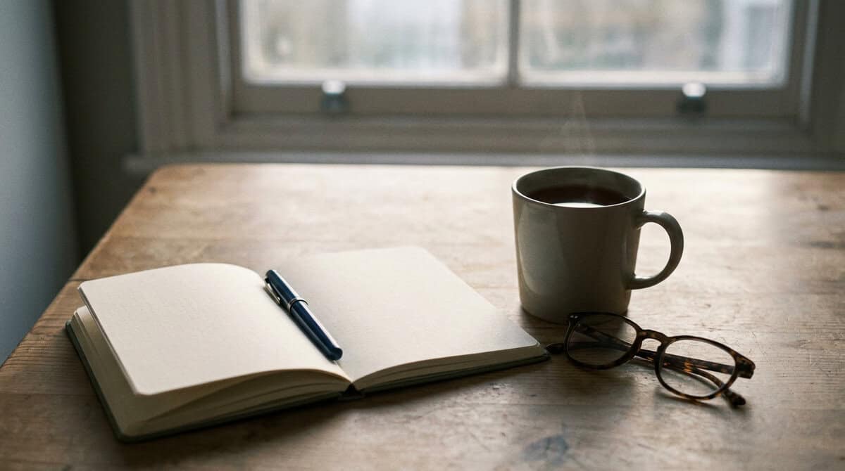 Does menopause change your brain: an open notebook, a pen and a mug on a kitchen table in early morning light