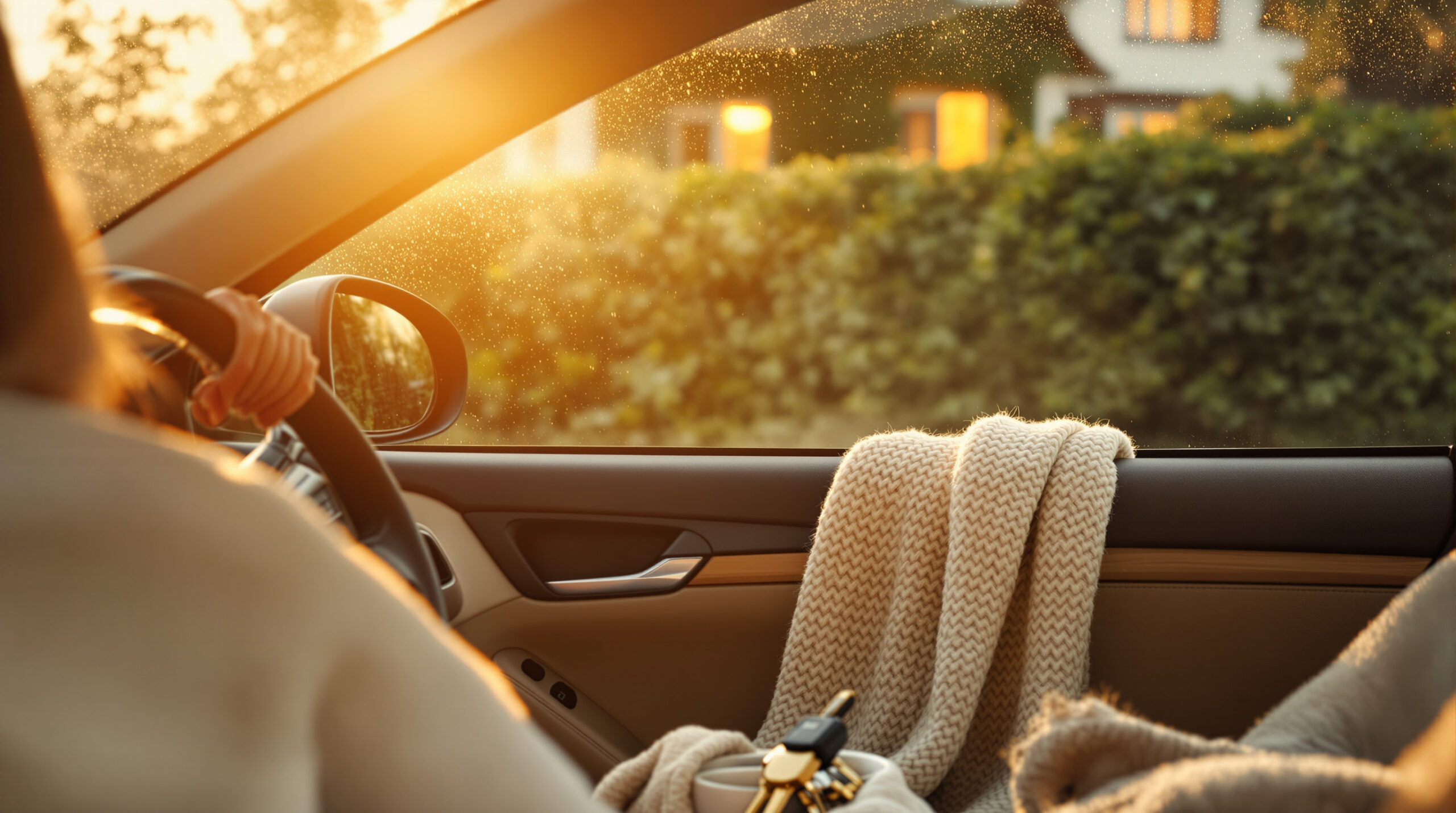 Golden evening light in a parked car outside a lit house, the driveway pause before going inside