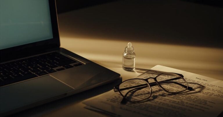 Eye drops beside a laptop at 4 p.m., the hour dry eyes in menopause usually peak.