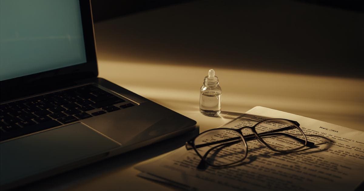 Eye drops beside a laptop at 4 p.m., the hour dry eyes in menopause usually peak.