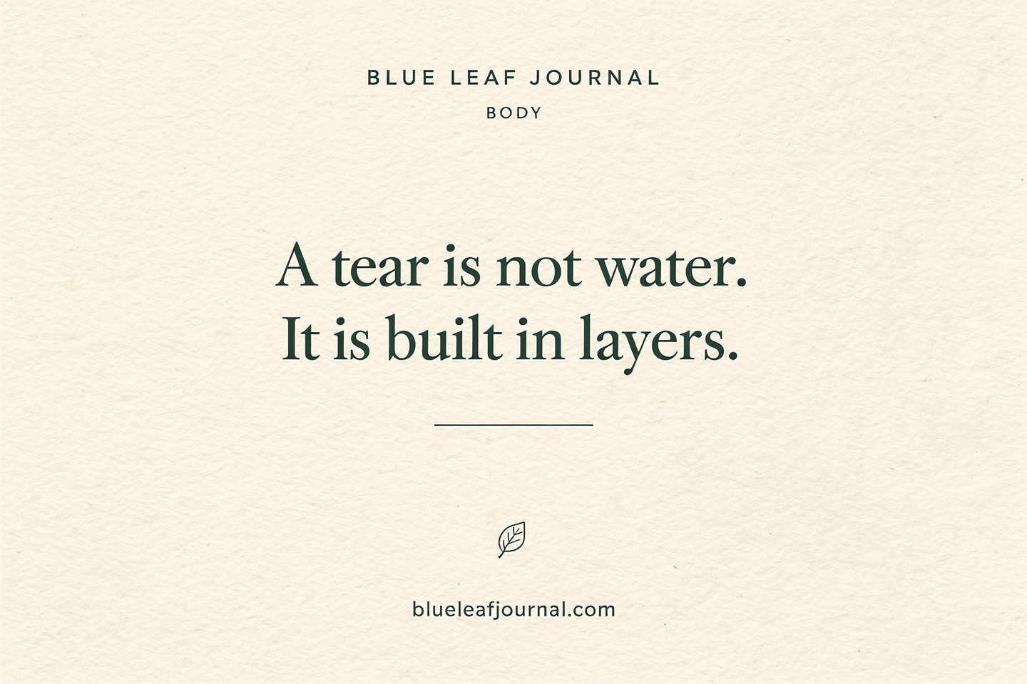 Blue Leaf Journal card reading "A tear is not water. It is built in layers." — dry eyes in menopause