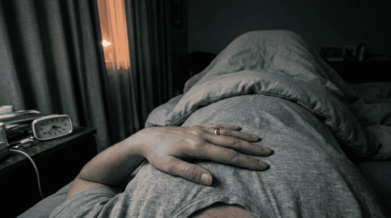 A hand resting on the chest in a dark bedroom at 2:40 a.m., heart palpitations in perimenopause.