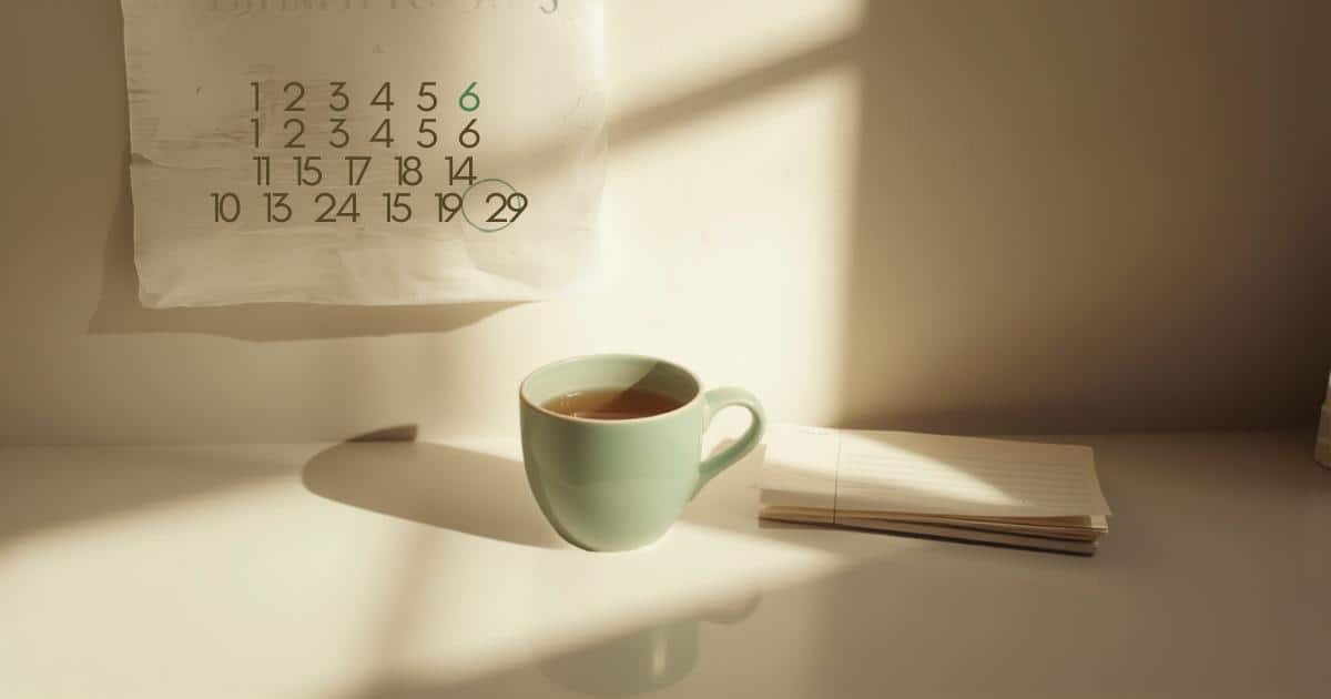 A wall calendar with one date circled beside a morning cup of tea, tracking the pattern behind new anxiety in perimenopause.