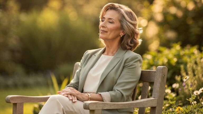 A woman in her late forties sitting on a garden bench in dappled sunlight, eyes softly closed mid-breath, shoulders dropped and relaxed