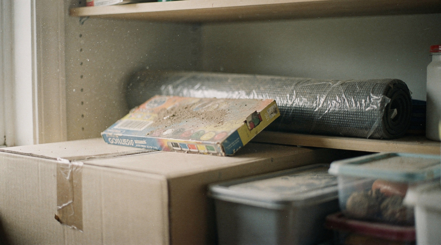 A dusty unopened paint box and a rolled yoga mat at the back of a cupboard, the interests that quietly closed.