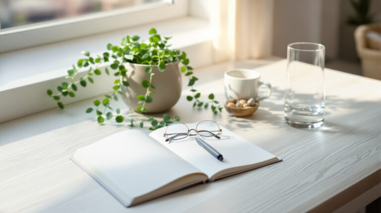 Sunlit desk with an open notebook and reading glasses, the capture habit for memory loss in menopause