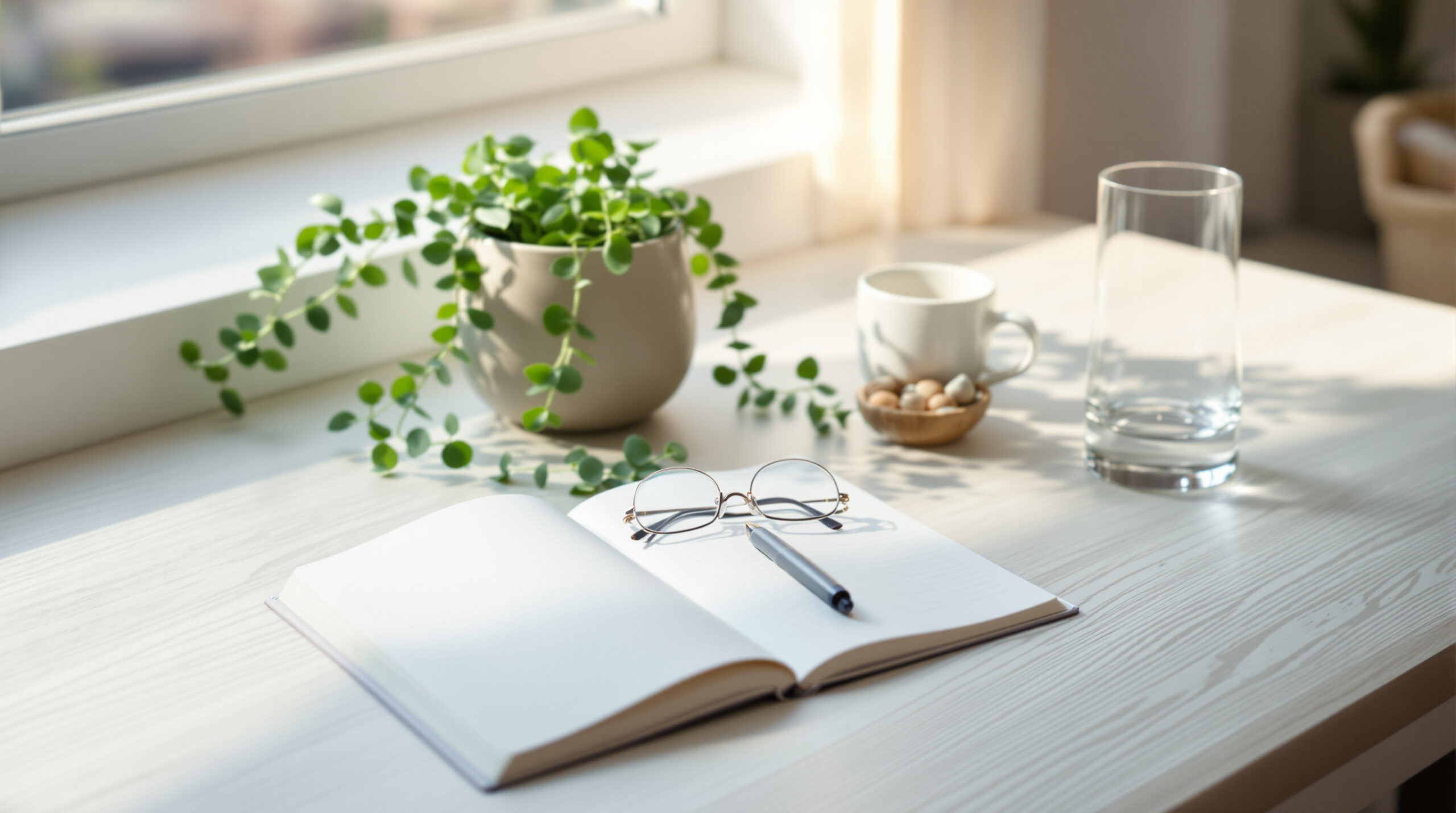 Sunlit desk with an open notebook and reading glasses, the capture habit for memory loss in menopause