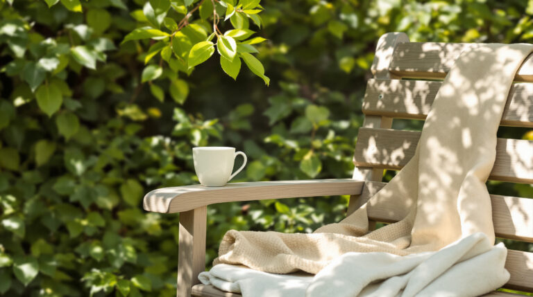 Quiet garden bench in dappled morning light, a steadying pause for menopause anxiety