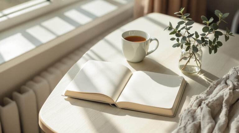 Sunlit kitchen table with an open notebook and a cup of tea, the mental load written down