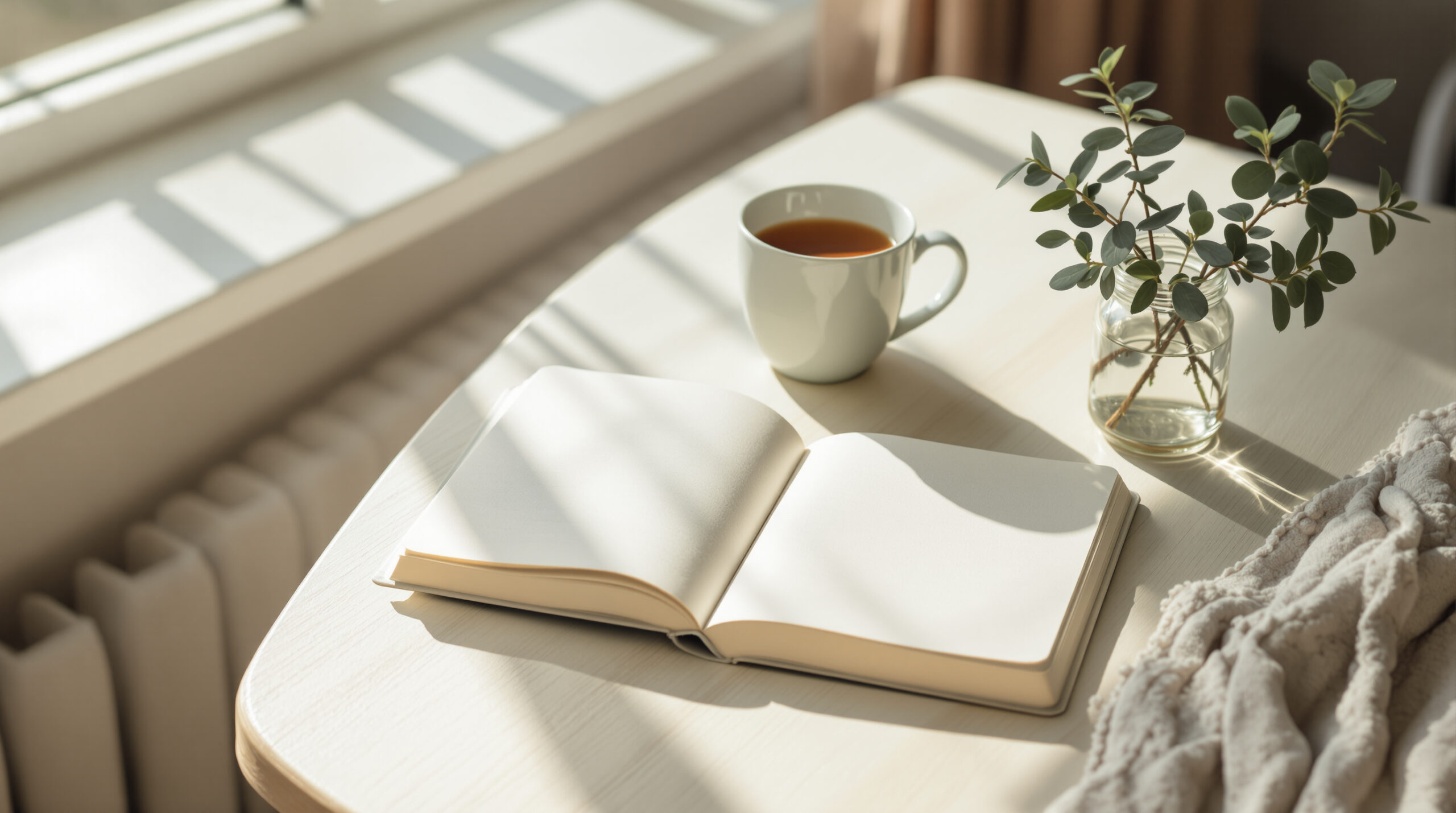 Sunlit kitchen table with an open notebook and a cup of tea, the mental load written down