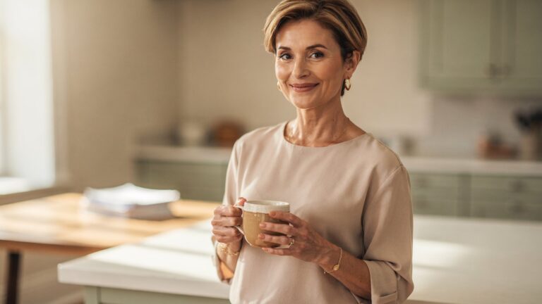 A woman in her late forties standing in a sunlit kitchen holding a mug in both hands, relaxed and faintly amused, papers on the table behind her