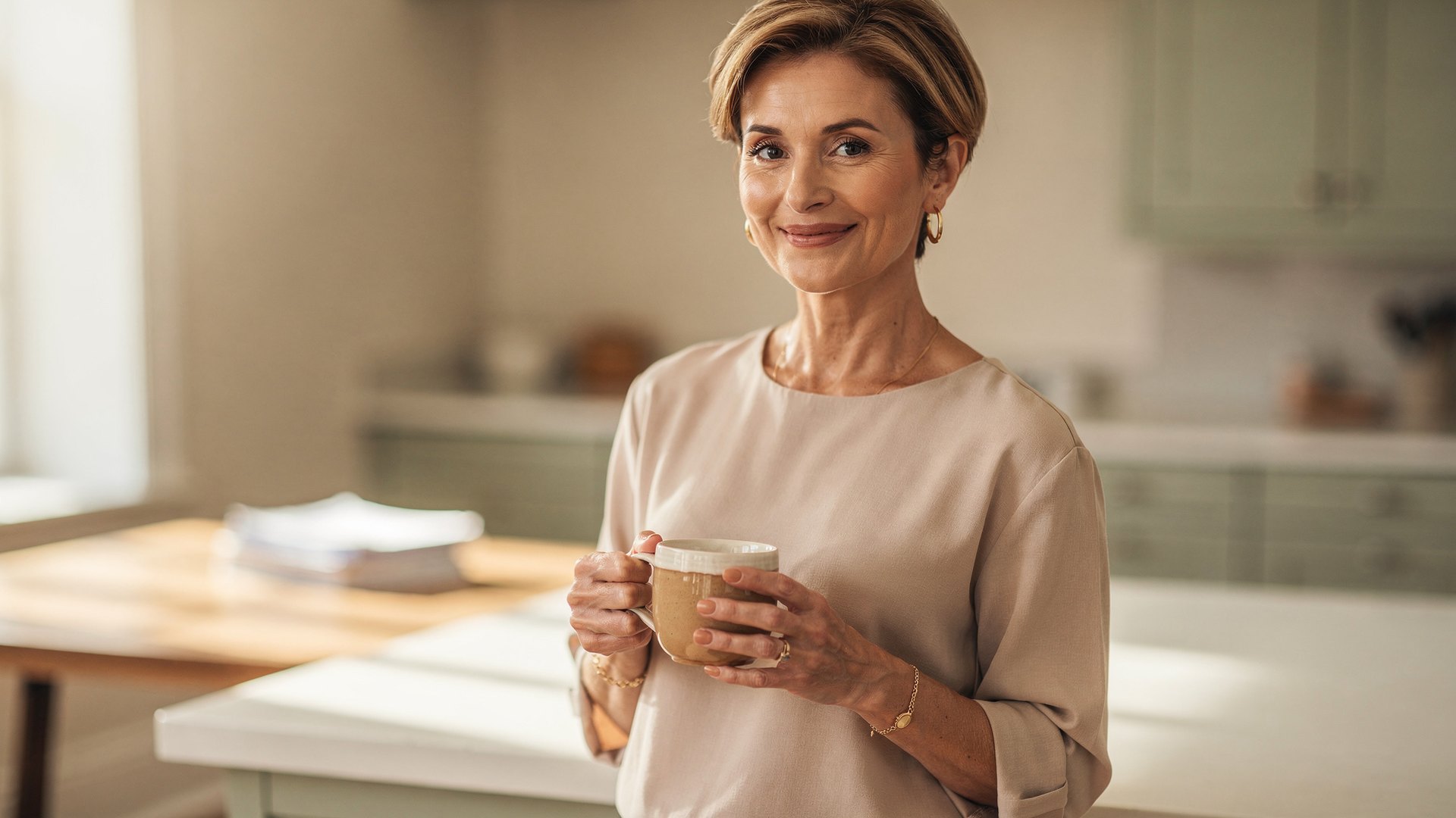 A woman in her late forties standing in a sunlit kitchen holding a mug in both hands, relaxed and faintly amused, papers on the table behind her