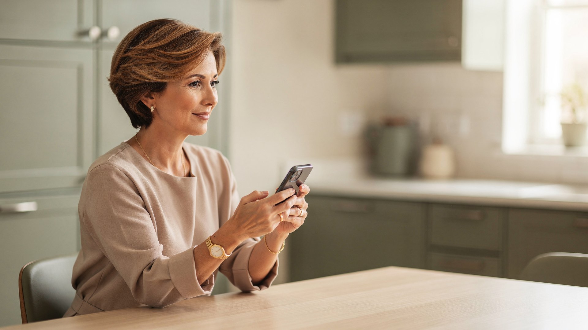 A woman in her late forties sitting at a pale kitchen table in bright afternoon light, phone in hand, looking calm and clear-eyed after reading a result