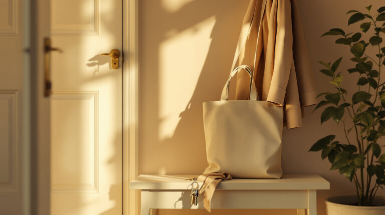 Bag and keys set down on a bench in a warm entryway, putting down the over-functioning
