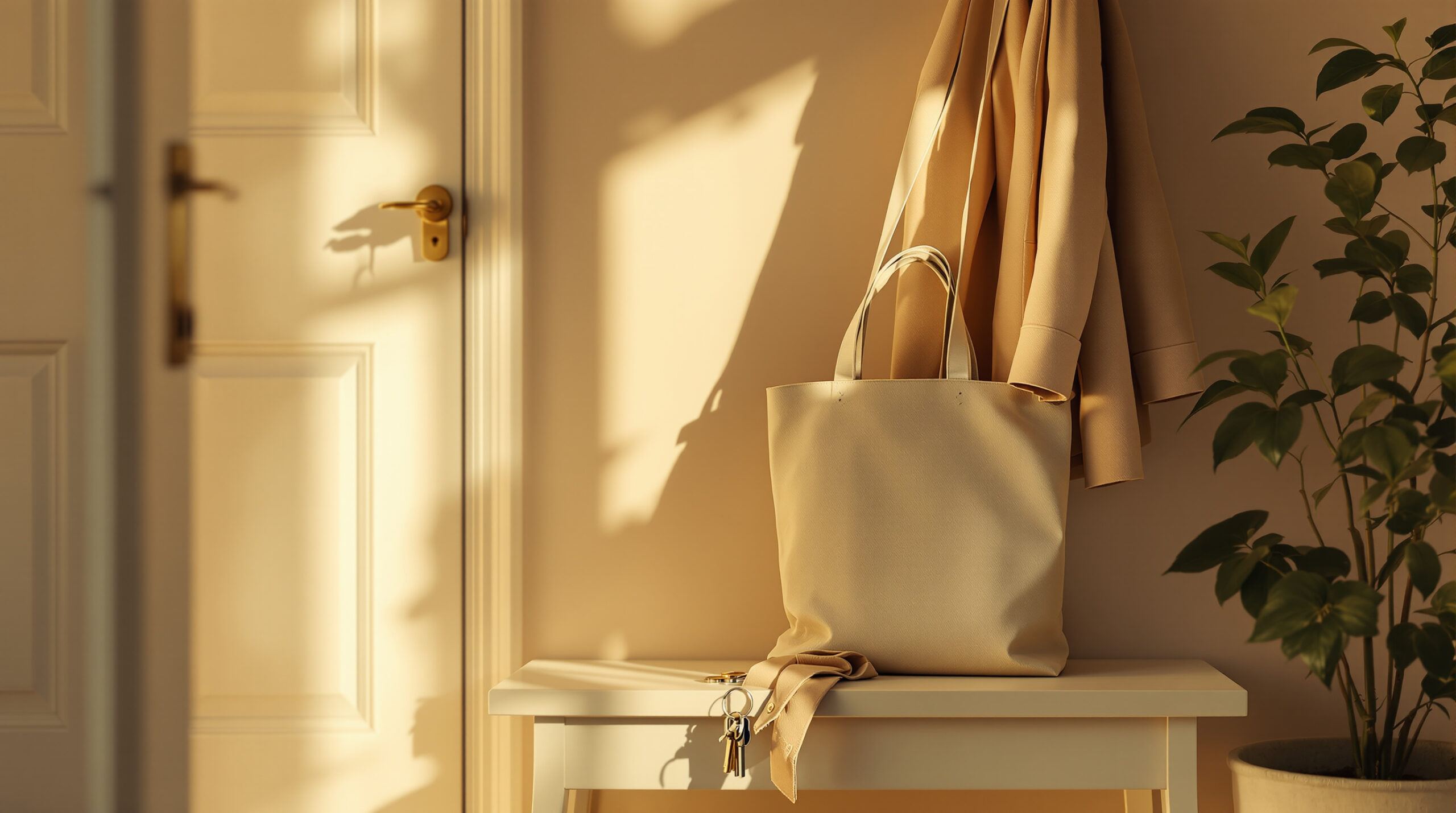Bag and keys set down on a bench in a warm entryway, putting down the over-functioning