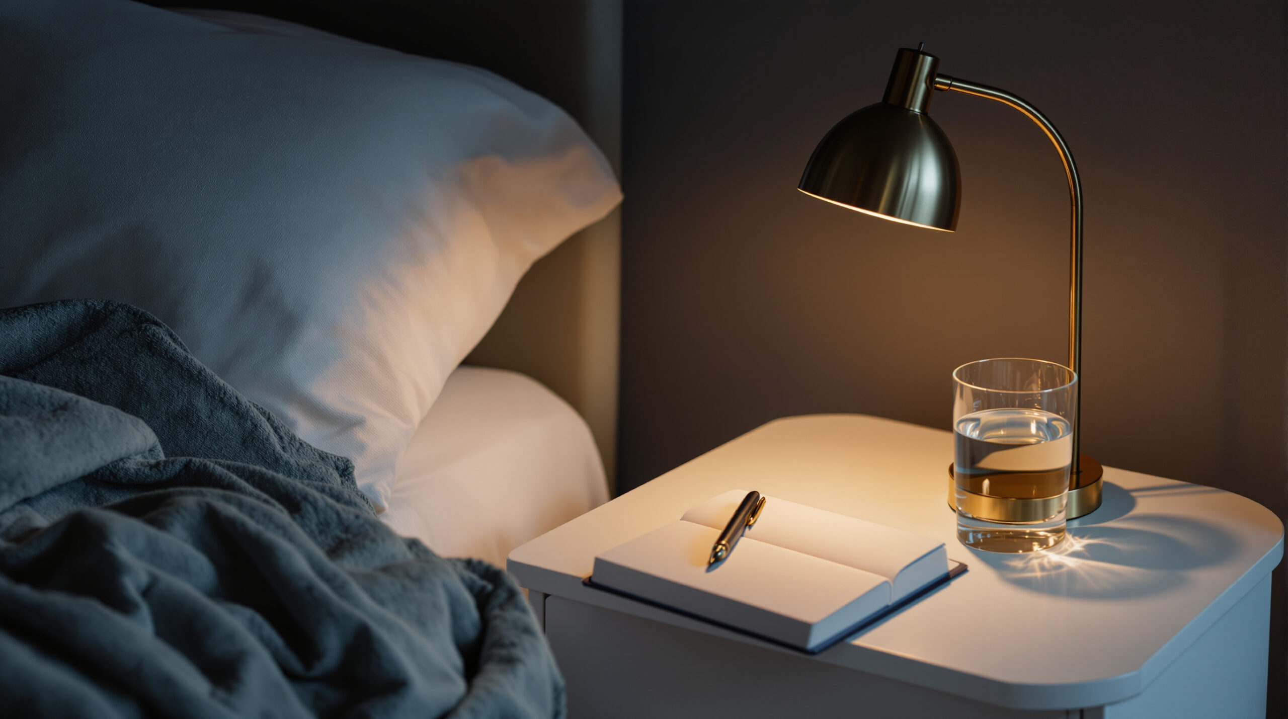 Bedside lamp and an open notebook at night, the two-minute note for racing thoughts at night