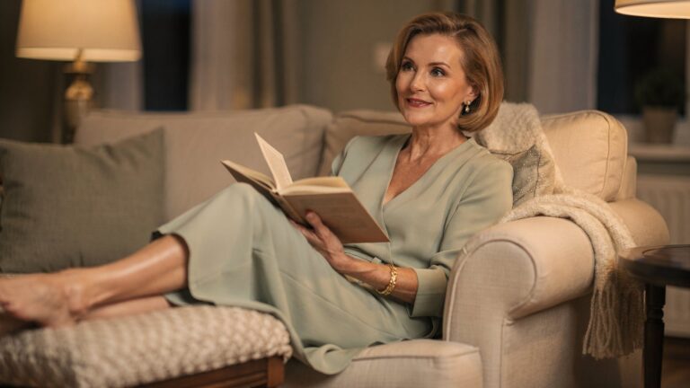 A woman in her late forties sitting on a sofa in the evening with her legs stretched out on a footstool, reading a book in warm lamplight