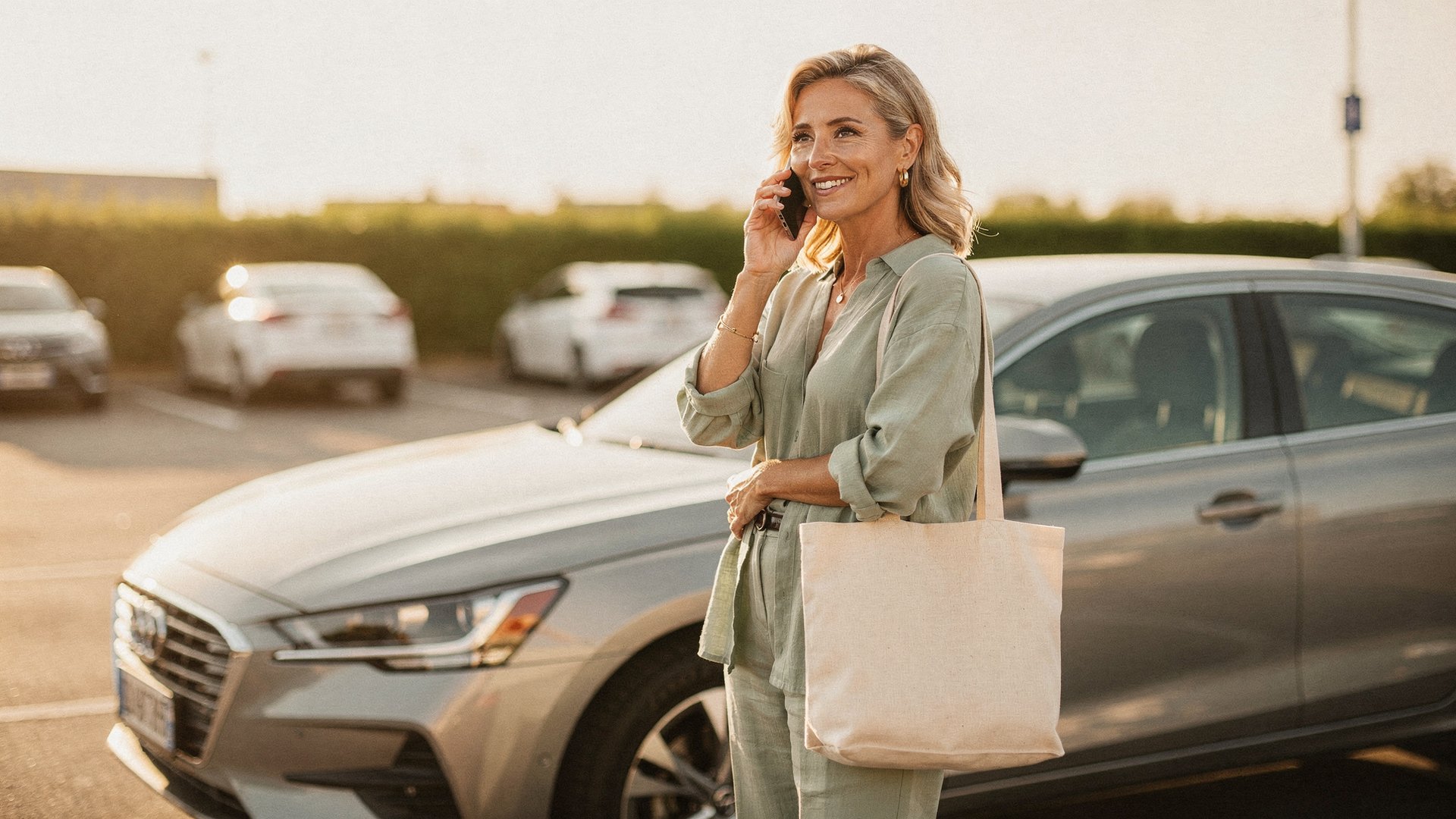 A woman in her late forties on the phone beside her car in a sunlit supermarket car park, canvas tote over her arm, smiling as she listens
