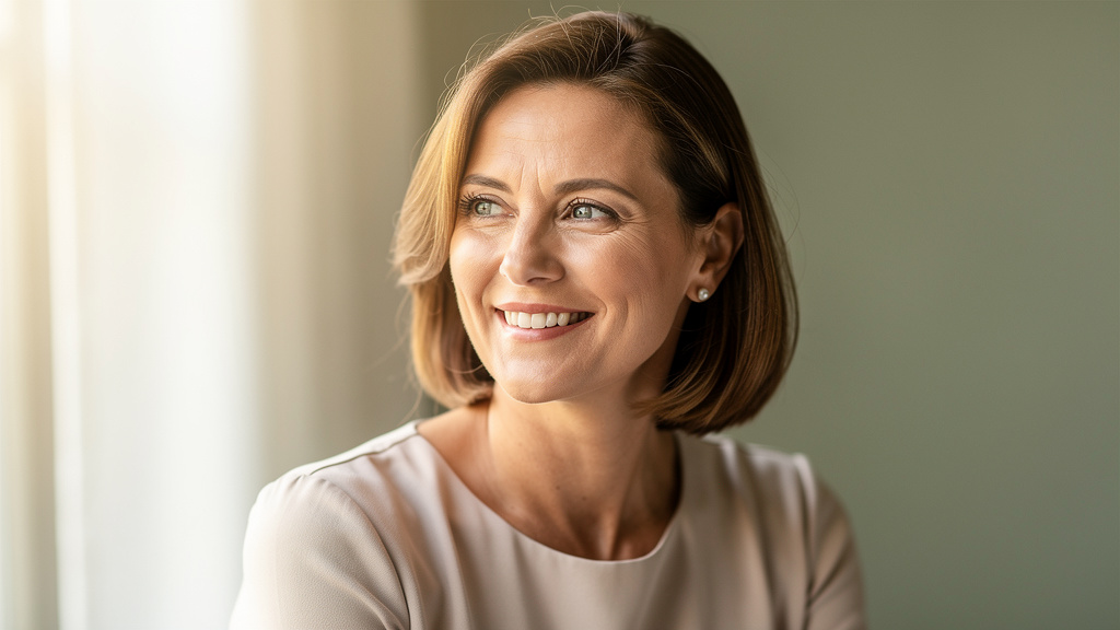 Woman in her mid-40s smiling with warmth and hope, representing the relief of finally getting sleep apnea in menopause diagnosed and treated
