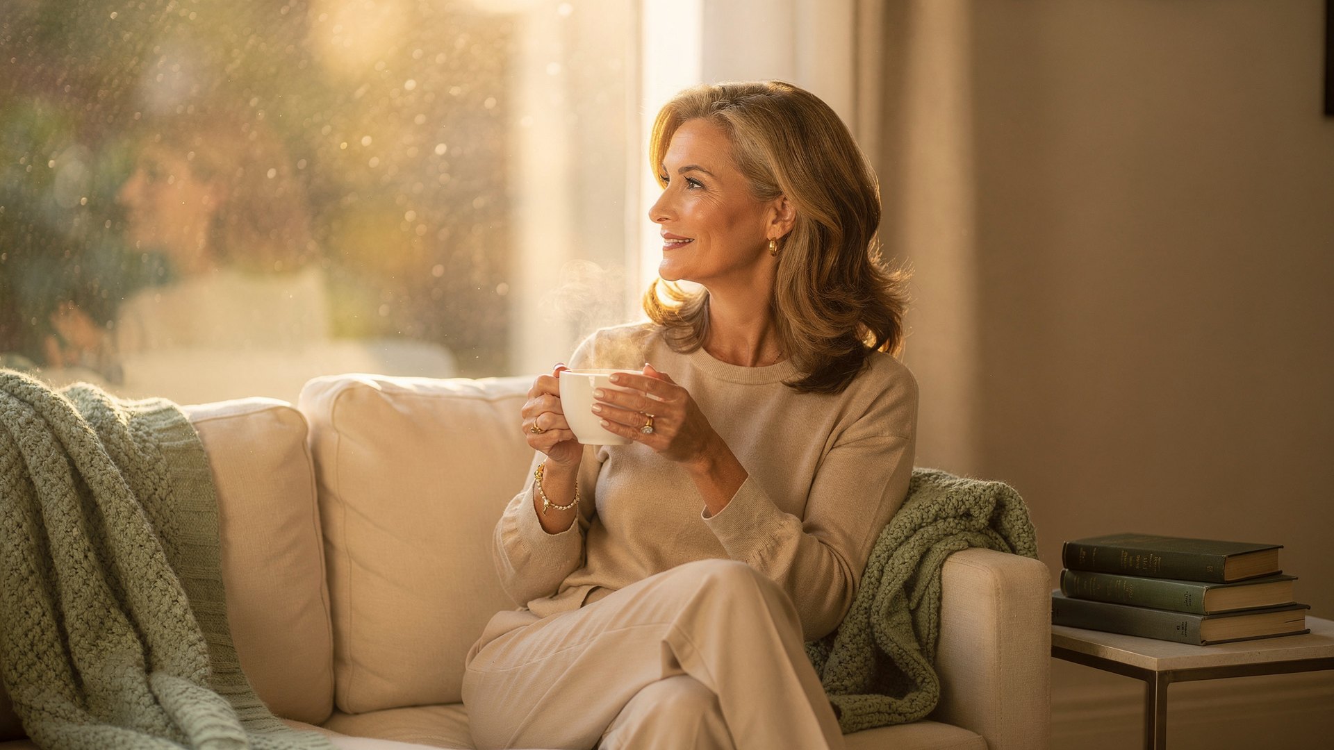 A woman in her late forties sitting on a sofa on a Sunday afternoon with a cup of tea in low golden light, looking out of the window calmly