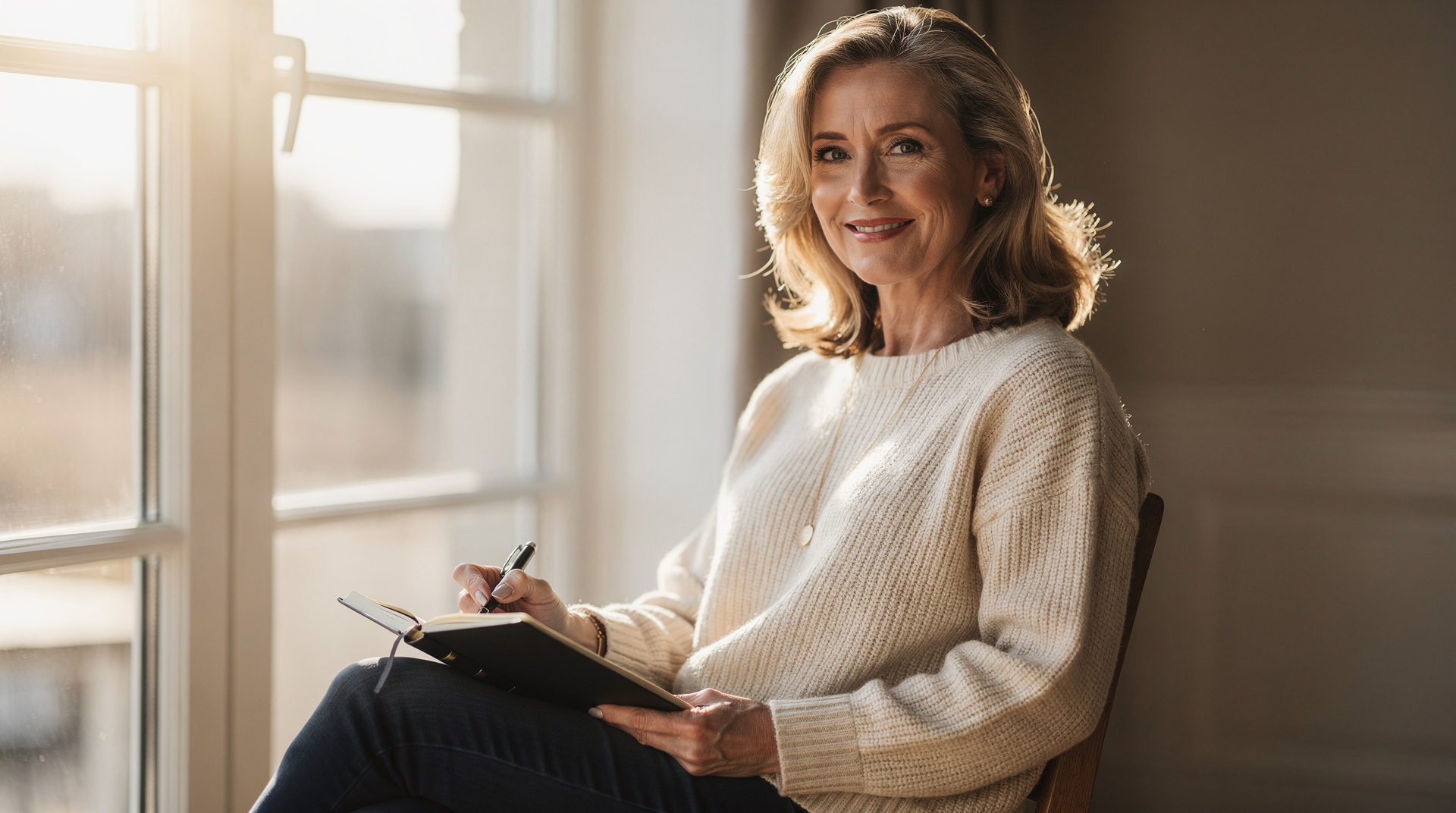 Smiling woman with blonde hair writing in a journal near a sunlit window