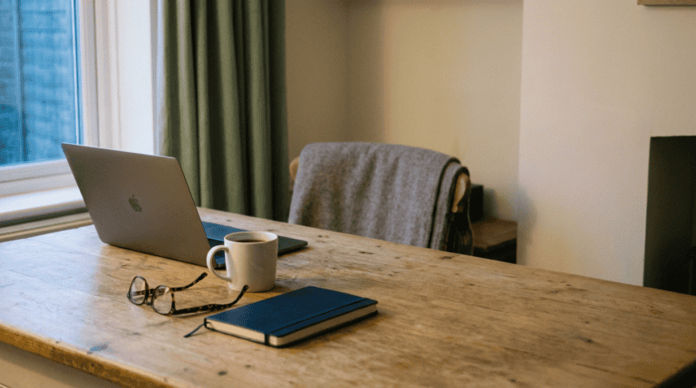 Thoughts are not facts: a half-closed laptop and a cup of tea gone cold on a kitchen table at dusk