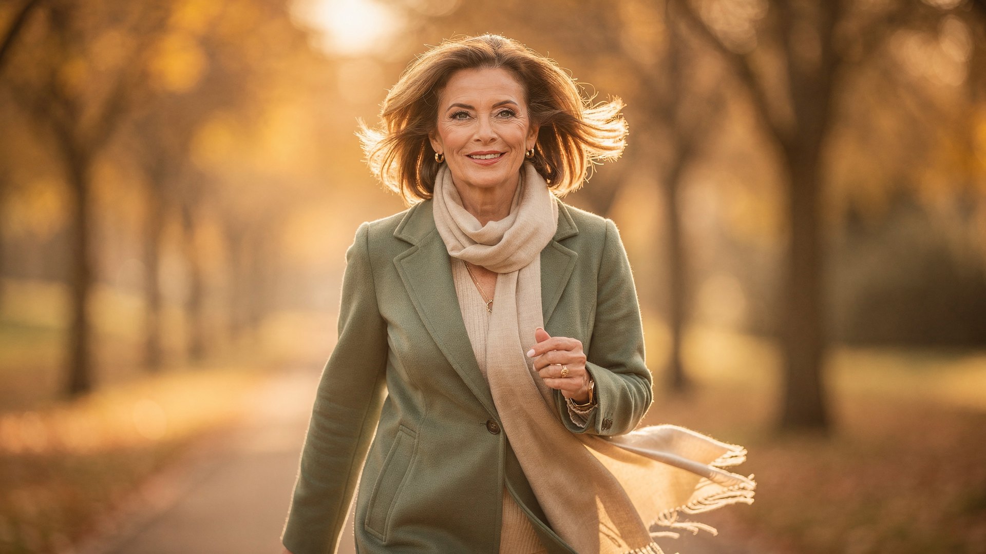 A woman in her late forties walking briskly along a tree-lined path in golden morning light, coat and scarf, looking ahead with energy