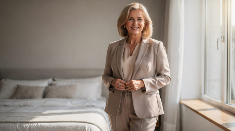 Smiling woman with blonde hair in a beige blazer standing in a sunlit bedroom