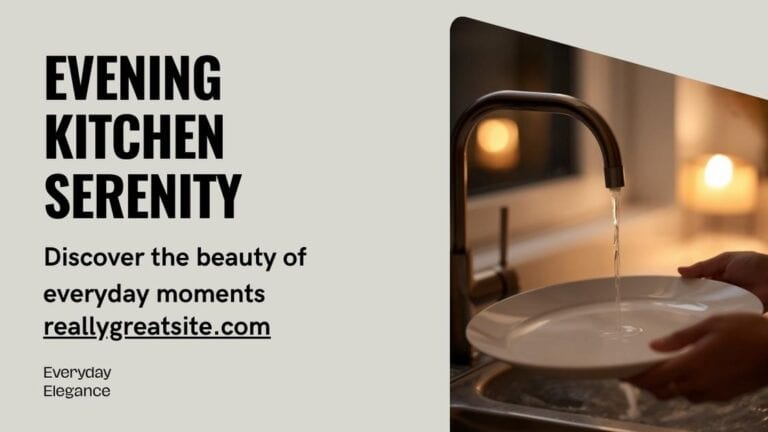 Hands rinsing an already clean plate at dusk, the quiet of waiting for something to go wrong.