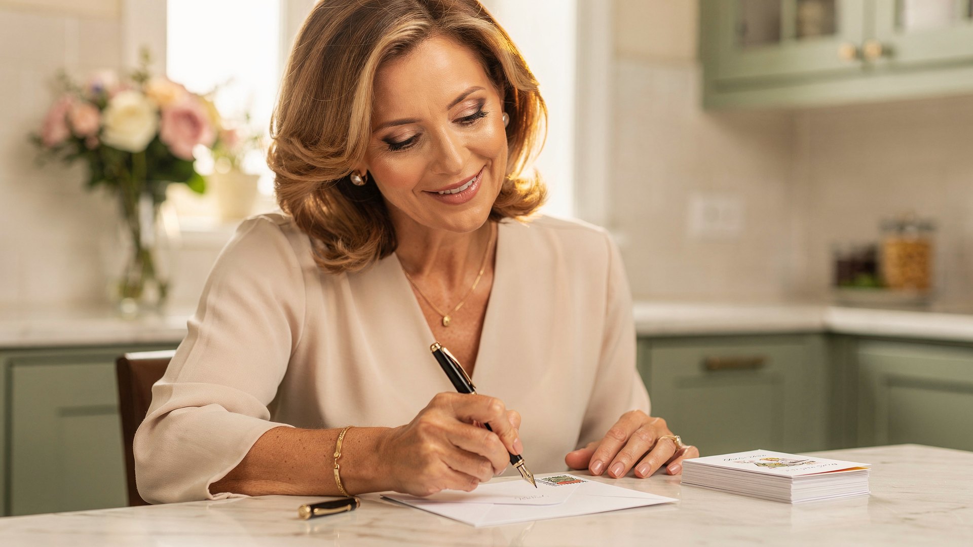 A woman in her late forties addressing a birthday card envelope at a sunlit kitchen table, a neat stack of cards beside her