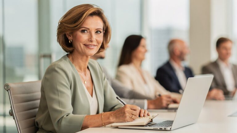 A woman in her late forties taking notes on her laptop at a bright meeting room table while colleagues talk around her, calm and observant