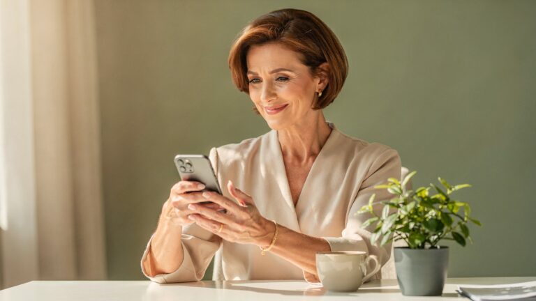 A woman in her late forties at a sunlit desk reading a short message on her phone with one eyebrow raised and a wry amused expression